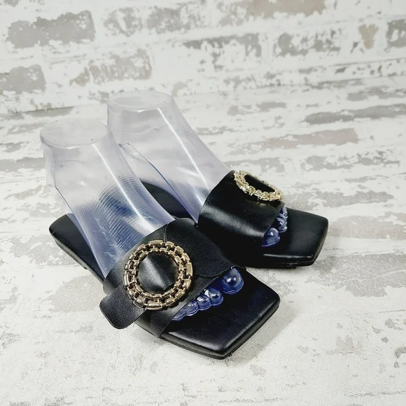 NEW Open Edit Lely Black Faux Leather Square Toe Flat Slide Sandals F68 - Picture 4 of 11